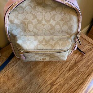 MEDIUM CHARLIE BACKPACK IN SIGNATURE CANVAS (COACH F32200) KHAKI/PETAL/SILVER